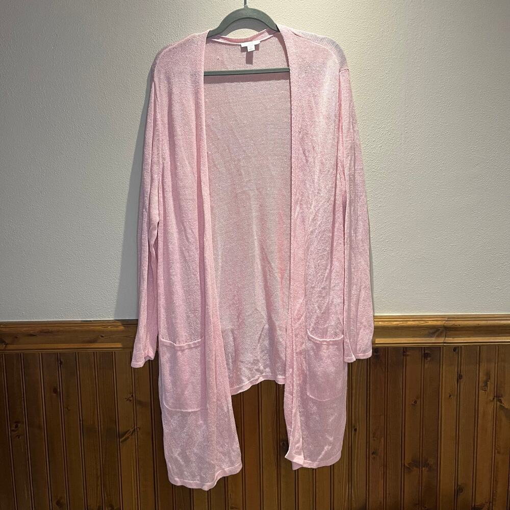 J Jill Linen Blend Long Cardigan Sweater Sz 2X Pink Casual Lightweight Coastal